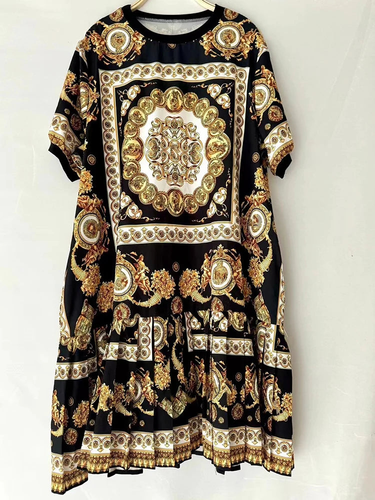 Elegant temperament geometric printing short-sleeved loose dress 2025 summer women's new stitching hem casual straight skirt