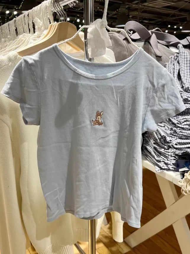 Little Dear Embroidery Blue T-shirt Woman Summer O-neck Short Sleeve Casual Slim Tee Tops Vintage Sweet Cotton Tshirt Y2k Top