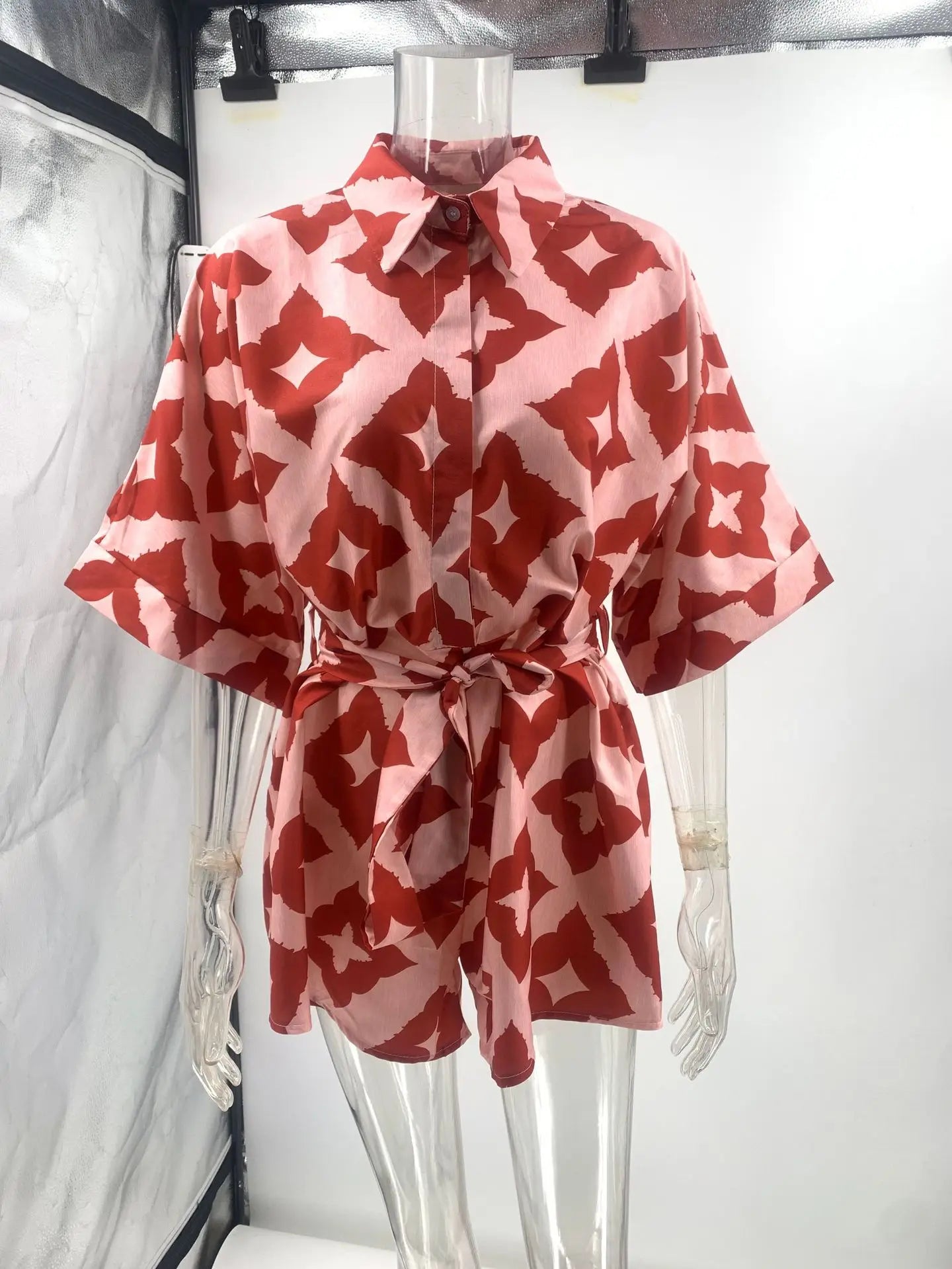 2024 New Autumn Women Loose casual Print Strap Jumpsuit Red Print Bow Tie Turndown Collar Loose Bodysuit Sexy Outfits Streetwear