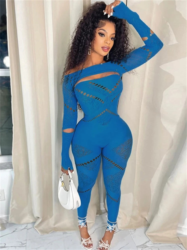 kliou Autumn Women Ankle-Length Sexy Jumpsuit M23Q37017 Girl Burn-out Hole Slim One Piece Overall Miss Solid Party Club Attire