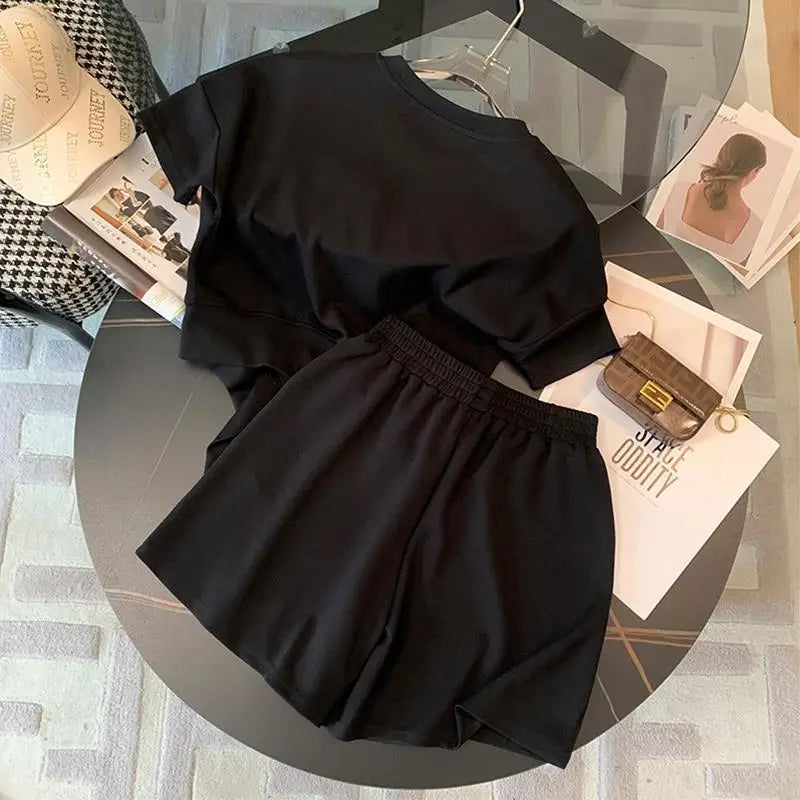 Korean style Oversized T-shirt Shorts Suit Women O-Neck Heart-shaped diamond decoration T-shirts Loose Straight Sports Shorts