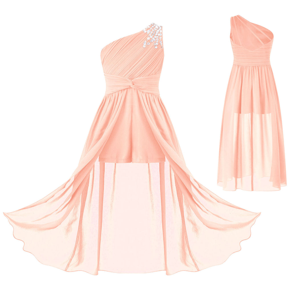 6-16Y Kids Girls Elegant Shiny Beaded Party Dress One Shoulder Ruched Jumpsuit Skirt Princess Wedding Birthday Evening Prom Gown