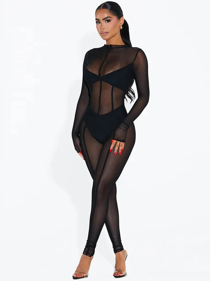 Dulzura Solid Mesh Long Sleeve O-Neck Jumpsuit See Through 2023 Summer For Women Sexy Y2K Birthday Evening Clubwear Sheath