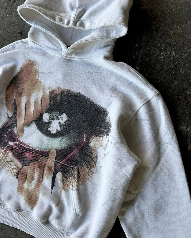 Gothic Punk Trend Y2K Streetwear American Retro Pattern Printed Loose Hoodie Men Hip-hop Harajuku Casual Oversized Sweatshirt