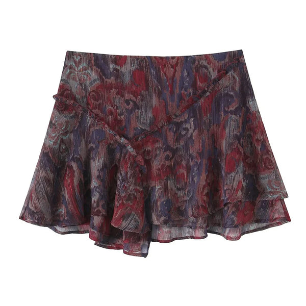 2025 Spring/Summer New Fashionable Women's Clothing Retro Metal Line Printed Mini Skirt with Temperament Overlapping Half Body S