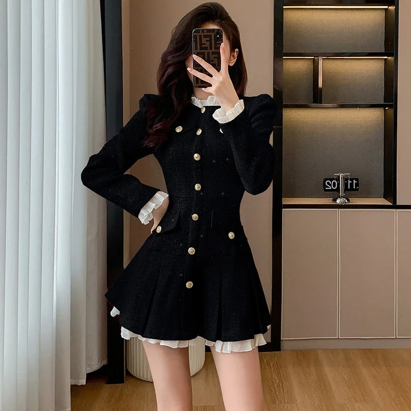 Autumn New Small Fragrant Style Charm High end Black Dress Women Autumn/Winter French Luxury Waist Slimming A-line Short Dress