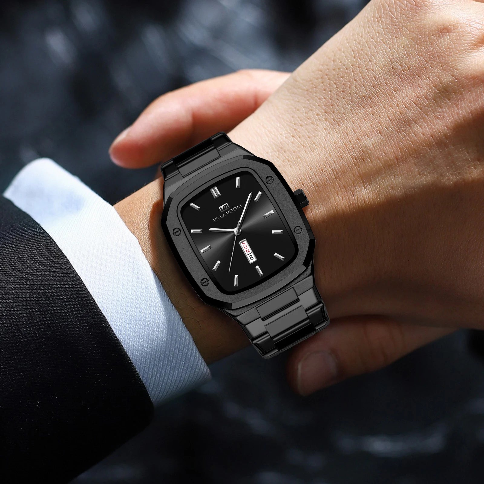 2025 New Men Watch Fashion Square Stainless Steel Blue Gold 3Bar Waterproof Quartz Calendar Simulated Business Sports WristWatch