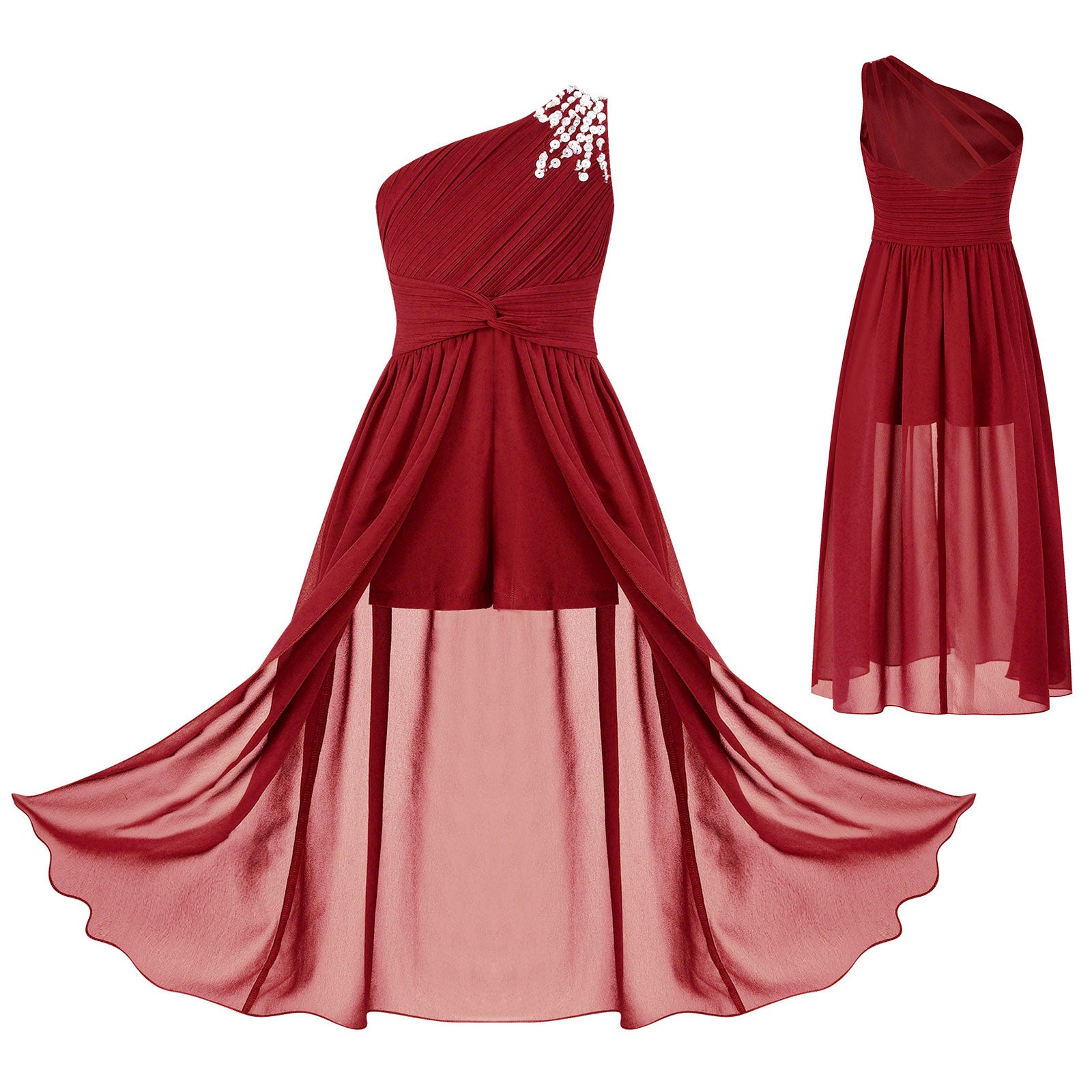 6-16Y Kids Girls Elegant Shiny Beaded Party Dress One Shoulder Ruched Jumpsuit Skirt Princess Wedding Birthday Evening Prom Gown