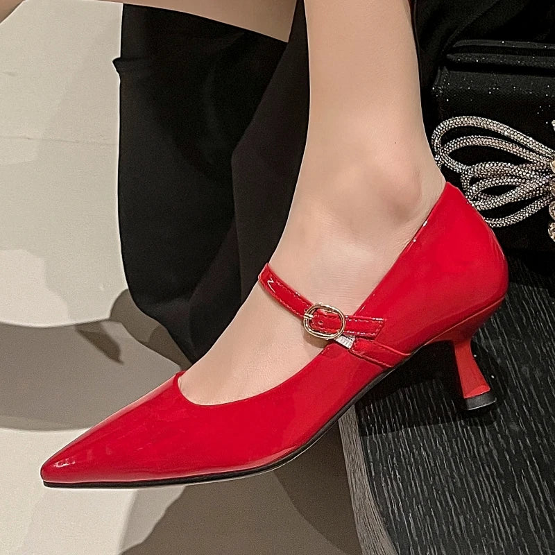 Short Heels Mary Janes Shoes Women Pumps Genuine Leather Point Toe Black Nude Red Heeled Office Wedding Shoes Female Large Size
