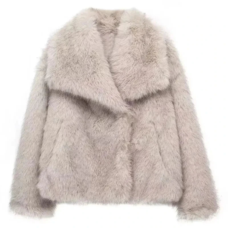 TRAFZA Winter Women Warm Faux Fur Coat Elegant Solid Loose Long Sleeve Thick Jacket Pockets Female Fashion Oversized Outerwear