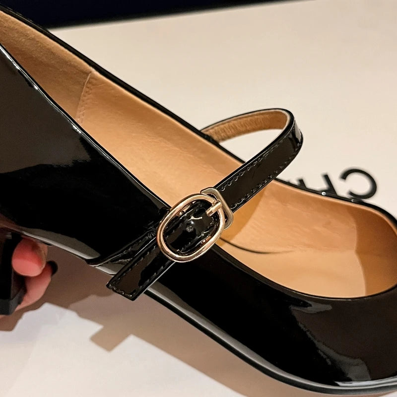 Short Heels Mary Janes Shoes Women Pumps Genuine Leather Point Toe Black Nude Red Heeled Office Wedding Shoes Female Large Size