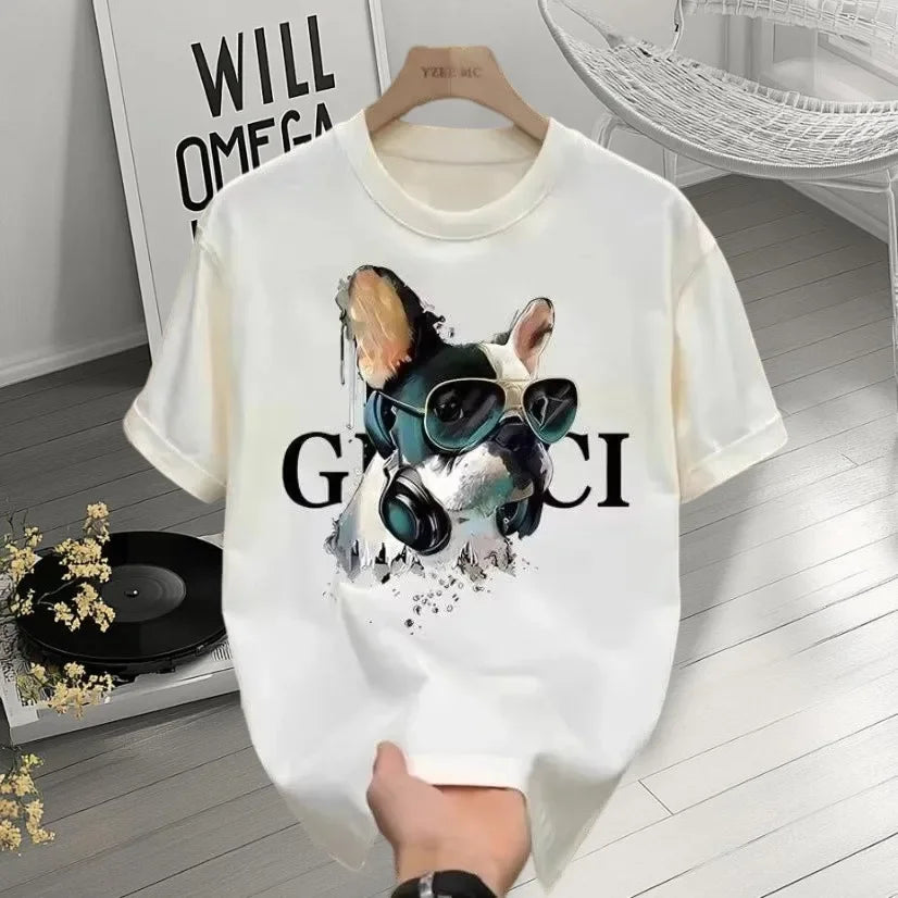 Luxury Printed Short Sleeved T-shirt Instagram Summer Casual Loose and Versatile Round Neck Men's and Women's Plus Size Top