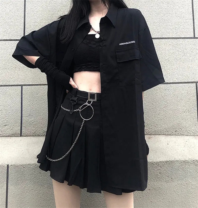 Gothic Skirt Set Loose Shirt Pleated Mini Skirts 2 Piece Sets Korean Retro Casual Outfits Women Spring Summer Aesthetic Y2k Suit
