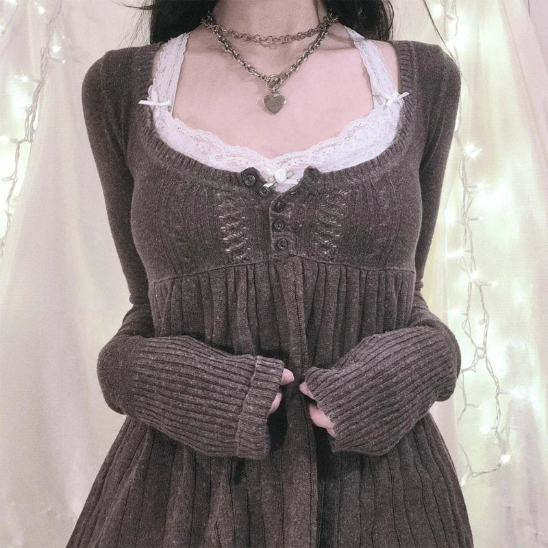 Aesthetic Coquette Knit Sweaters Outfit Vintage Babydoll Tops Pullovers Lady Autumn Square Neck Long Sleeve Knitwear Jumpers Y2k