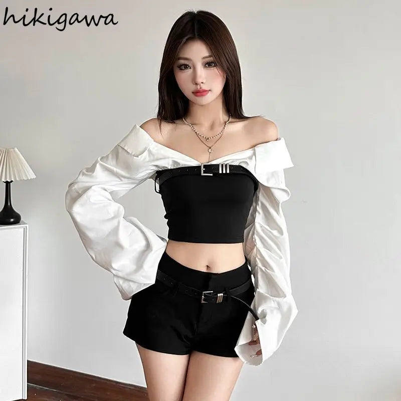 2025 Ropa Mujer Y2k Woman T Shirts Contrast Color Slash Neck Sexy Tees Crop Tops Slim Waist Fashion Casual Streetwear Tshirts