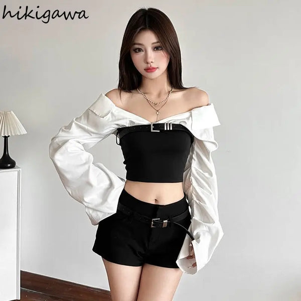 2025 Ropa Mujer Y2k Woman T Shirts Contrast Color Slash Neck Sexy Tees Crop Tops Slim Waist Fashion Casual Streetwear Tshirts