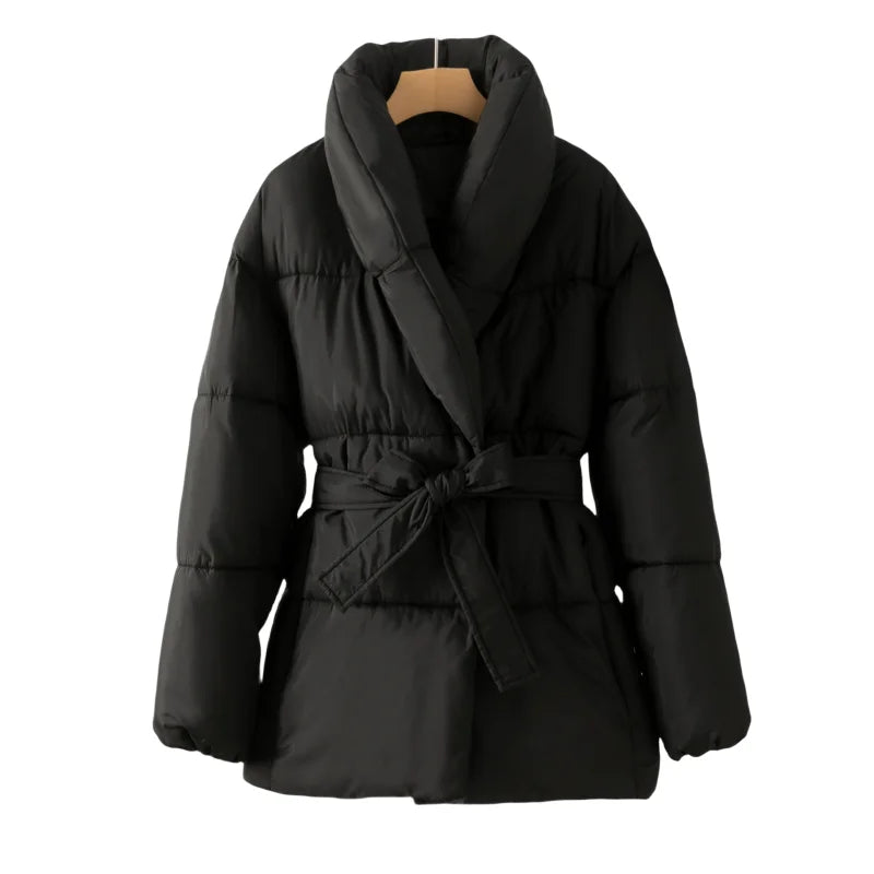 Winter Jacket Women Black Bubble Coat V Neck Wrap Belted Fashion Puffer Parka Invisible Pockets 2024 New Hot Sales