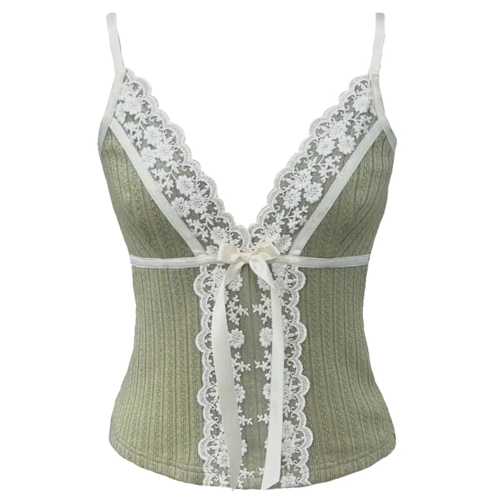Fashion Y2k Vintage Summertime Fairy Loose V-neck vest Lace Kawaii style print Emo girl street wear tank tops trash crop tops