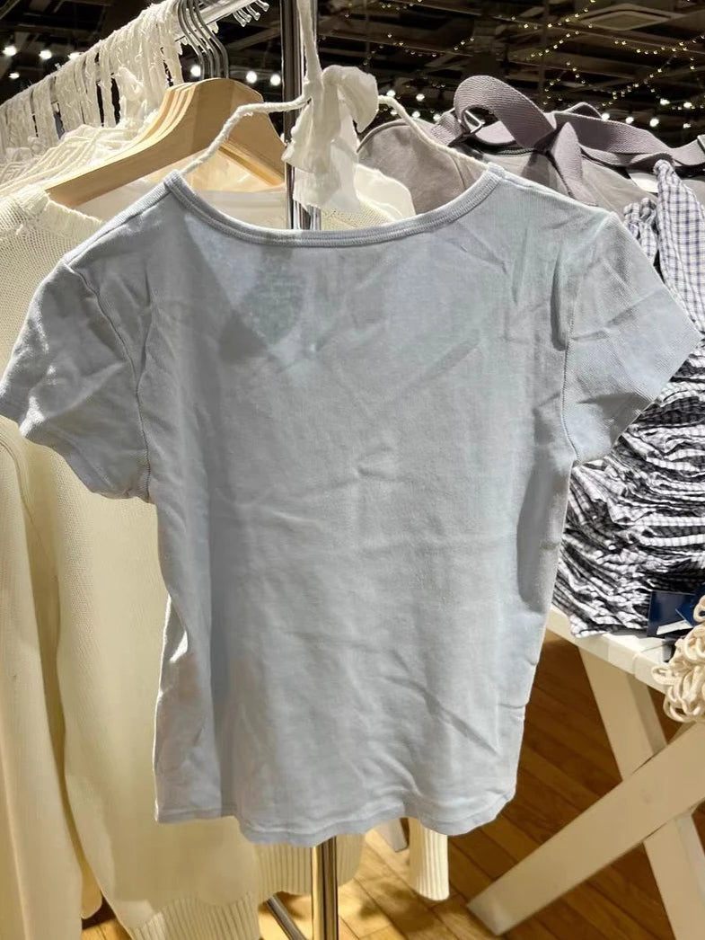 Little Dear Embroidery Blue T-shirt Woman Summer O-neck Short Sleeve Casual Slim Tee Tops Vintage Sweet Cotton Tshirt Y2k Top
