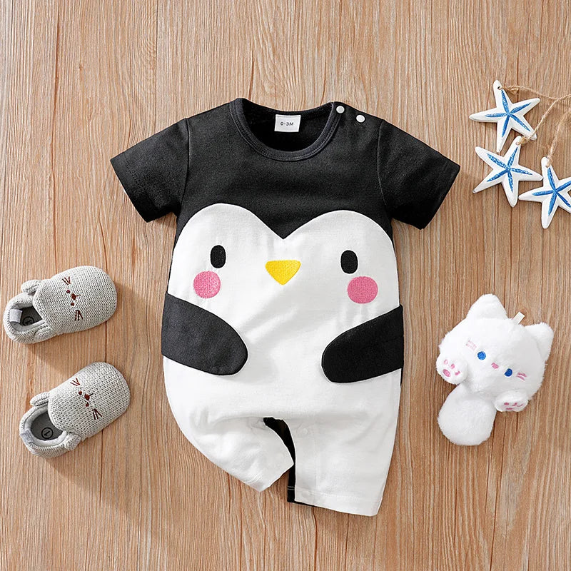 Baby Cute Jumpsuit Cartoon Penguin Pattern Summer Ha Yi Newborn Hoodie Casual Short Sleeve Outerwear