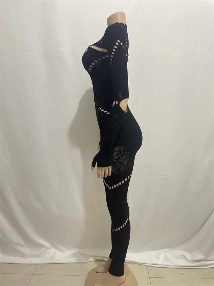 kliou Autumn Women Ankle-Length Sexy Jumpsuit M23Q37017 Girl Burn-out Hole Slim One Piece Overall Miss Solid Party Club Attire