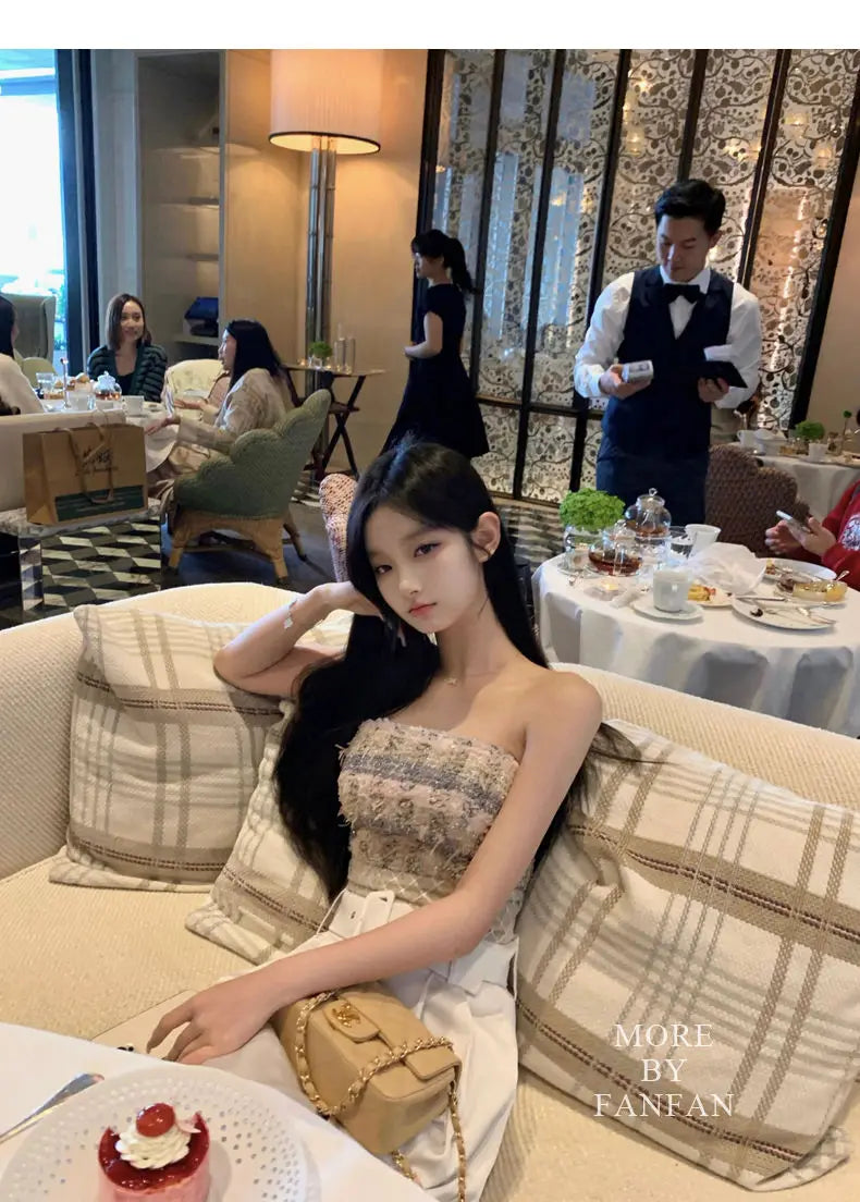 Sexy  Camis Plaid Chic  tube top Slim Korean Tanks Top Sleeveless Elegant  Crop Top Summer Women Bustier