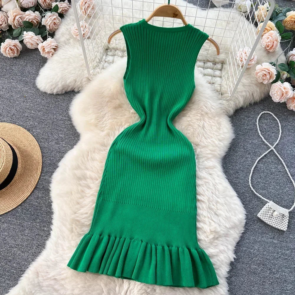 Abrini Summer Women Knitted Sexy Bodycon Dress O-Neck Sleeveless Ruffled Party Sundress High Street Elastic Slim Solid Dress