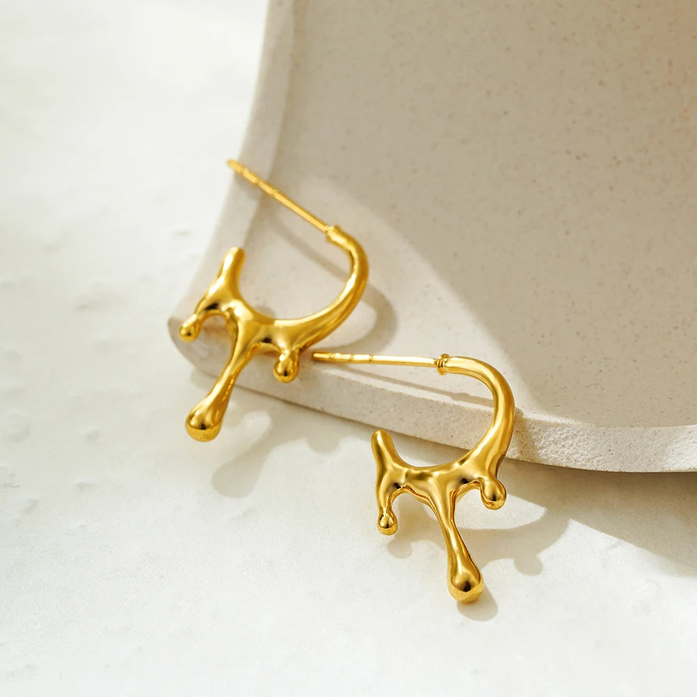 4 Sizes Chunky Water Droplet Open Hoop Earrings Irregular 18K Gold Plated Drops Smooth Stackable Cartilage Piercing Earrings