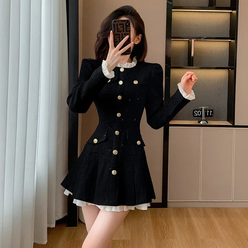 Autumn New Small Fragrant Style Charm High end Black Dress Women Autumn/Winter French Luxury Waist Slimming A-line Short Dress