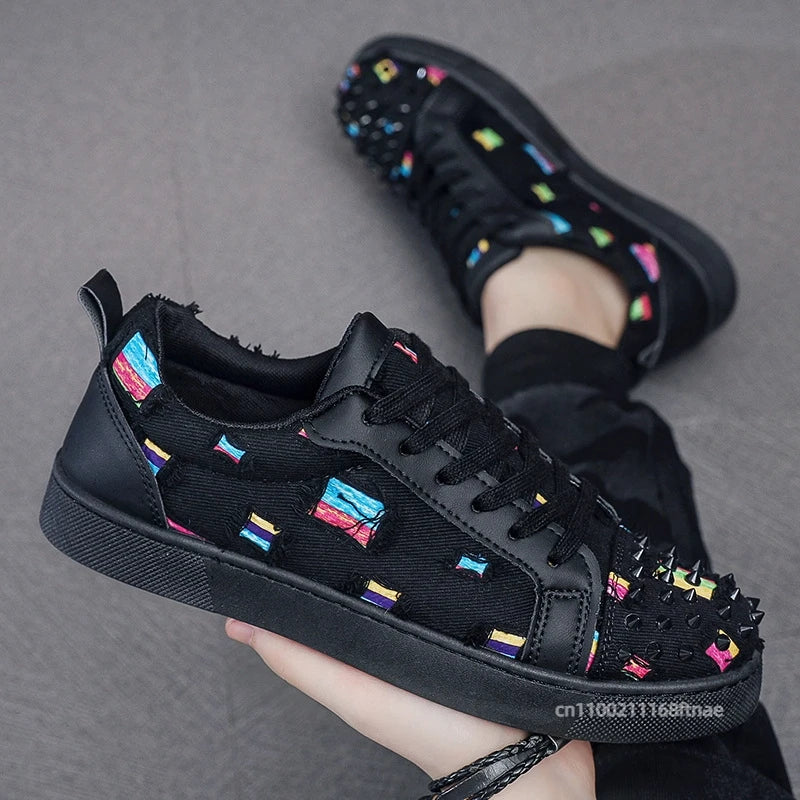 Men's and Women's Street Dance Shoes, Perforated Canvas, Fashionable, Breathable, Red Sole, Rivet, Personalized Casual Shoes