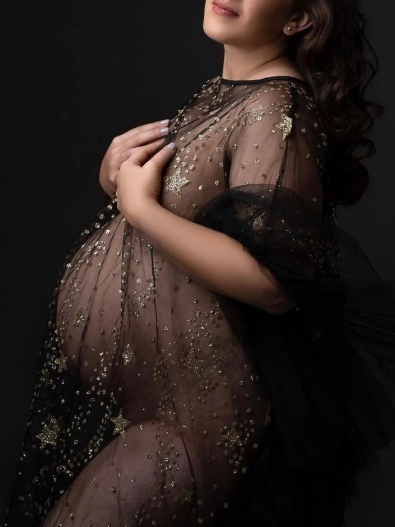 Pregnant Women Mini Dress For Photography Props Solid Color Premama Sequined Stars Photoshoot Dresses Maternity Baby Shower Gown