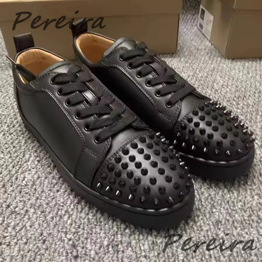 Men Rivet Casual Shoes Couple Sneakers Red Suede Round Toe Lace-Up Flats Summer Genuine Leather Platform Outdoor Walking Shoes
