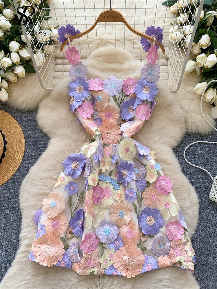 SINGREINY Chic Embroidery Strap Dress Women Sleeveless Zipper 3D Floral Design Summer High Street A Line Short Evening Dress