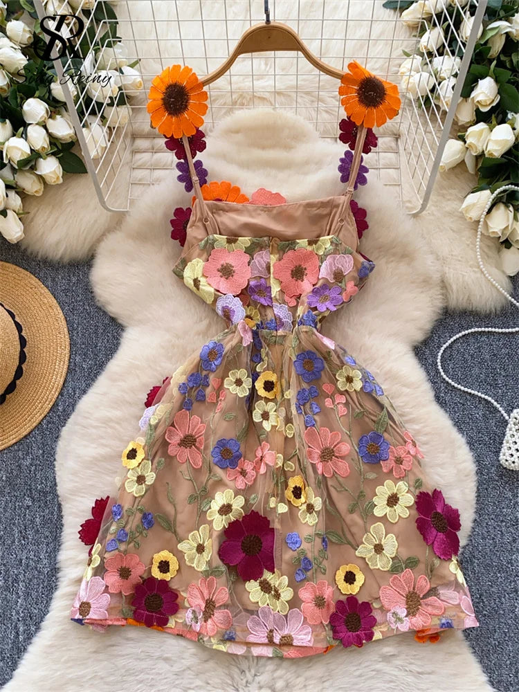 SINGREINY Chic Embroidery Strap Dress Women Sleeveless Zipper 3D Floral Design Summer High Street A Line Short Evening Dress