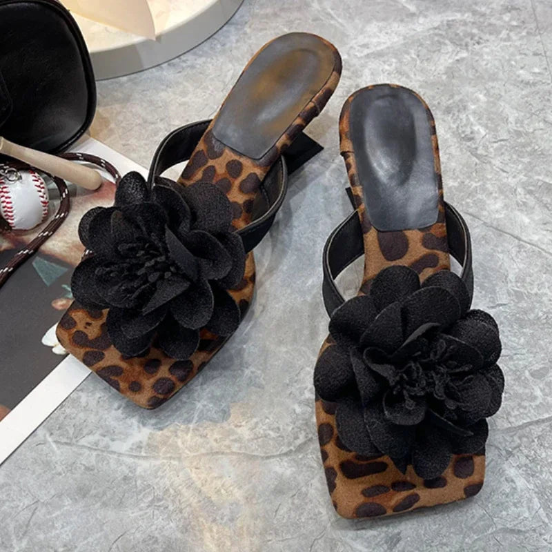 Flower Women Slippers Leopard Clip Toe Heeled Shoes Fashion Woman Sandals Summer 2025 Beach Flip Flops Dress Zapatillas De Mujer