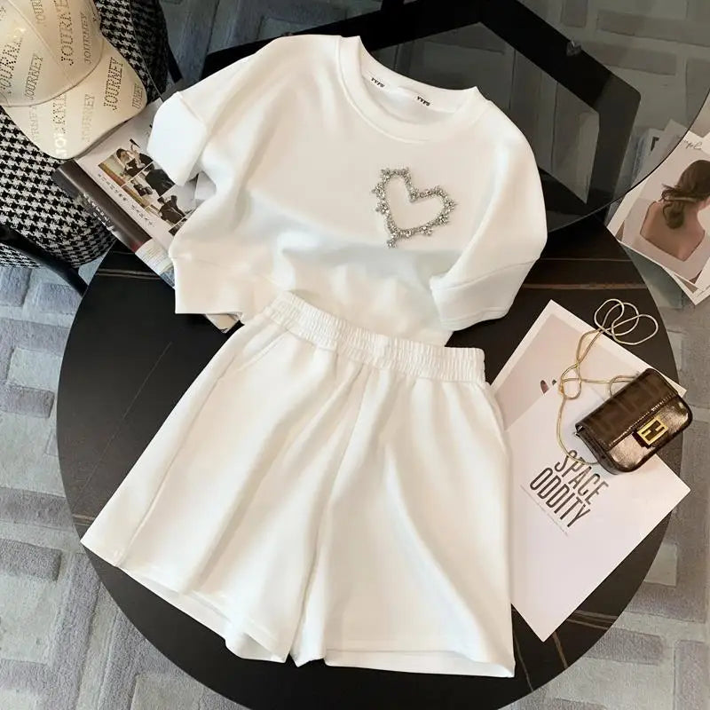 Korean style Oversized T-shirt Shorts Suit Women O-Neck Heart-shaped diamond decoration T-shirts Loose Straight Sports Shorts