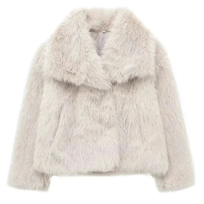 TRAFZA Winter Women Warm Faux Fur Coat Elegant Solid Loose Long Sleeve Thick Jacket Pockets Female Fashion Oversized Outerwear