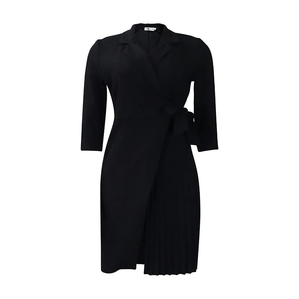 Women  Solid Plus Size Folds Dress Neck Pleated Blazer Style Dress Office Vintage Sexy Lady Belt Party Tight Curvy Short Dress