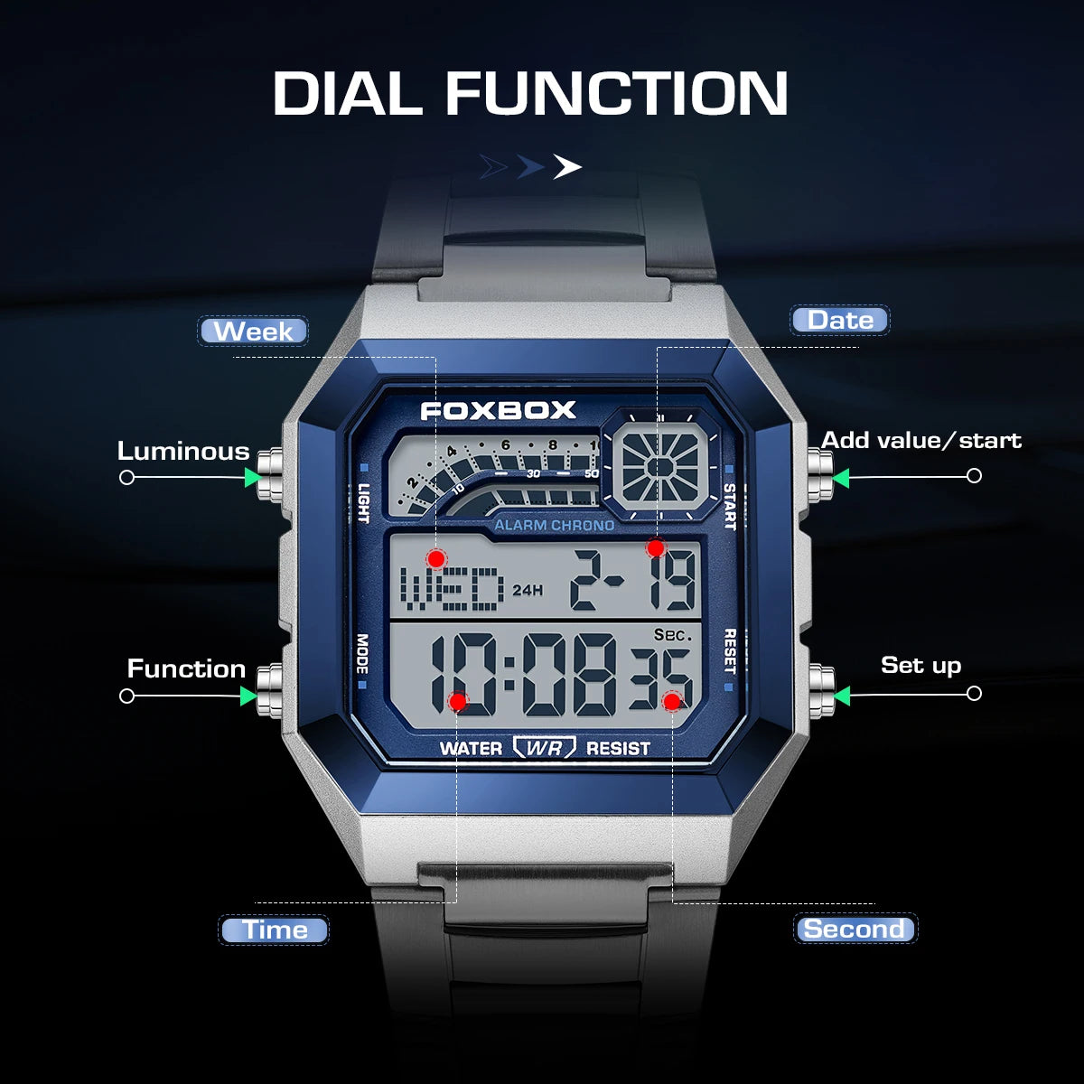 FOXBOX Original Brand Luxury Men Watch Fashion Business Square Digital Watch For Men Sports Waterproof Men's Quartz Wristwatches
