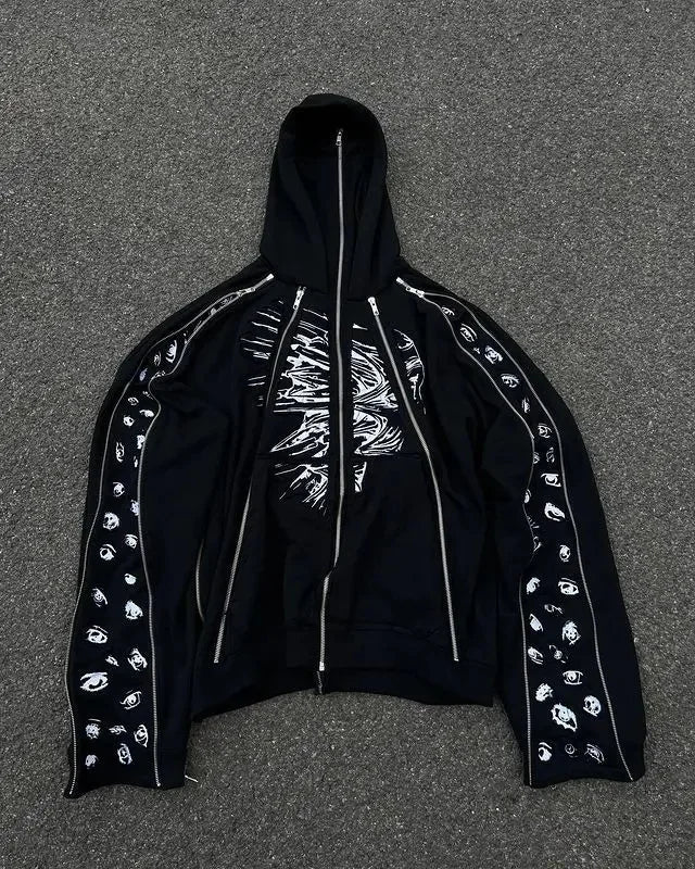 American New Street Trendy High Craft Dark Harajuku Y2K Multi Zipper Hat Loose Men's and Women's Hoodies