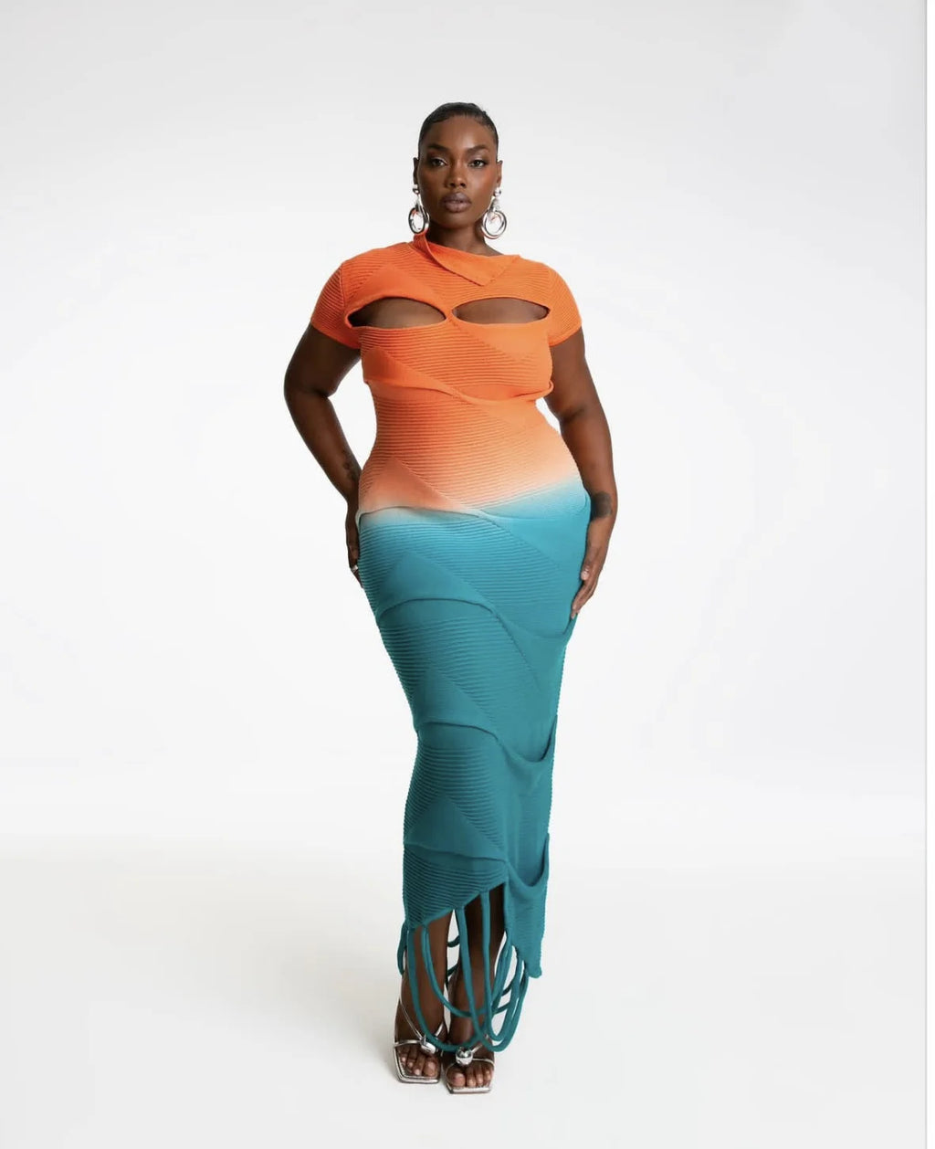 Sexy Knitted Gradient Orange Blue Hollow Out Maxi Dress Women Fashion Short Sleeve Skinny Stretch Tassel Y2K Birthday Long Dress
