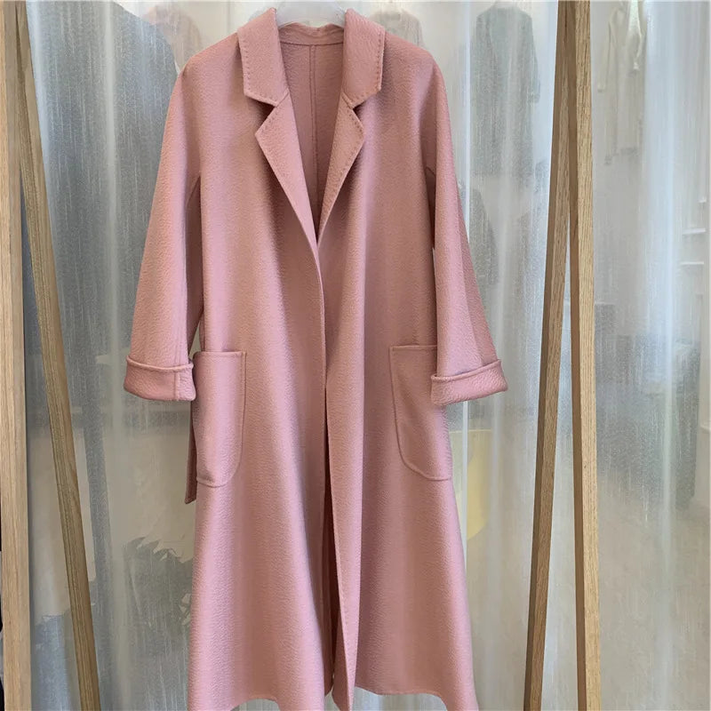 Korean Women Handmade Hepburn Corrugated Water Ripples Coat Double-sided Cashmere Wool Long Woolen Jacket Cashmere Coat Max
