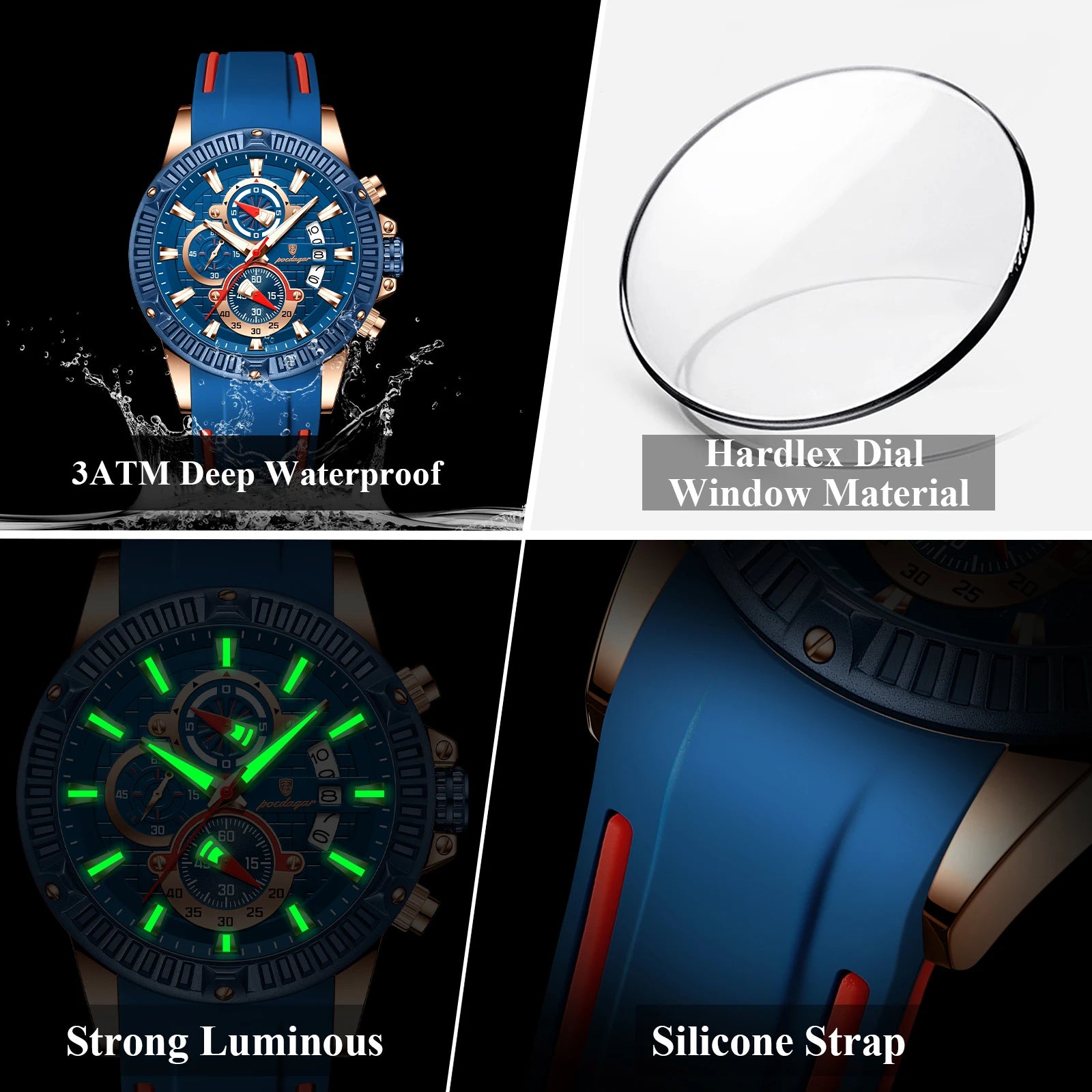 POEDAGAR Trendy Sports Men Wristwatch Waterproof Luminous Chronograph Date Man Watch Silicone Strap Fashion Quartz Men's Watches