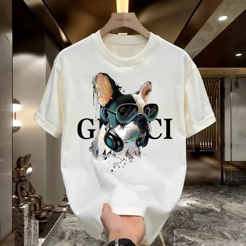 Pure Cotton Heavy-print Short-sleeved T-shirt Instagram Summer Casual Loose and Versatile Round-neck Large-sized Top for Men