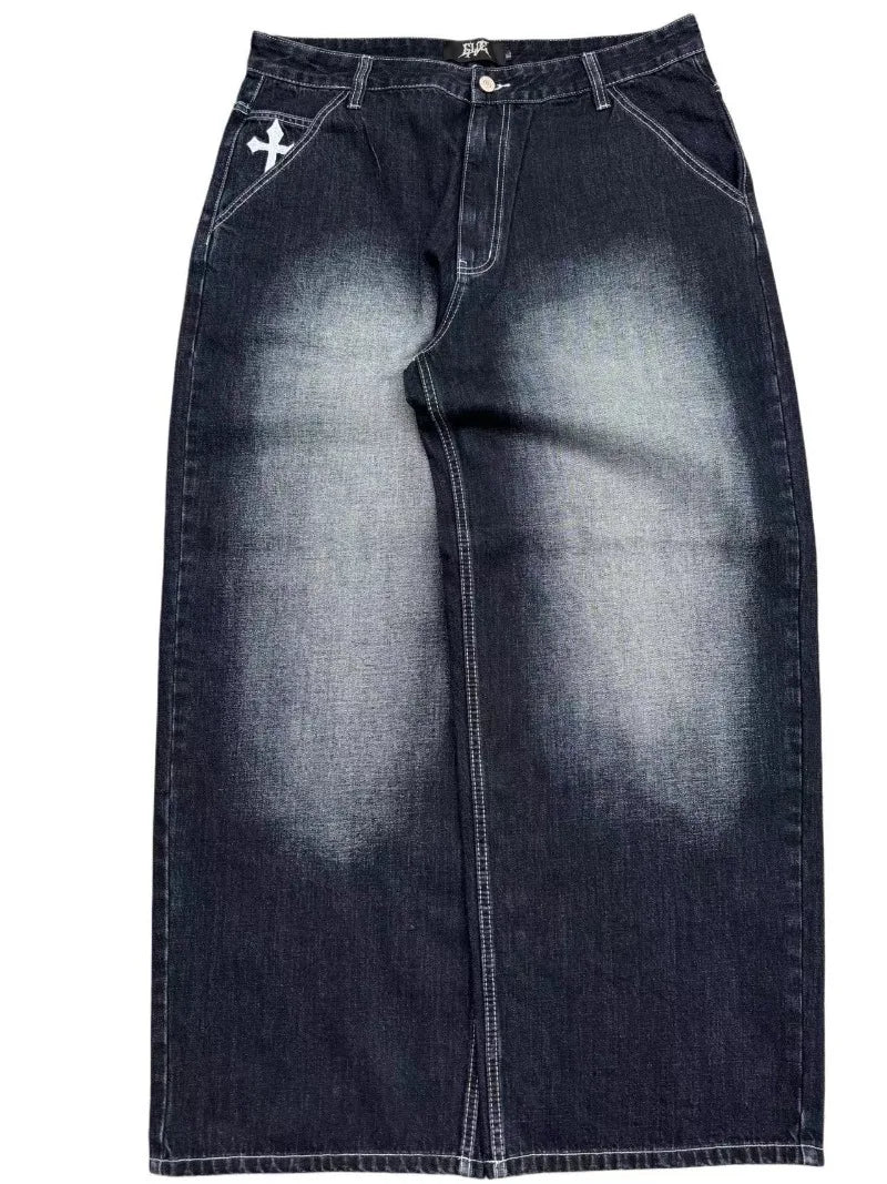 New Vintage Washed Embroidered Jeans Trend Hip Hop Men Y2k Straight Leg Wide Leg Pants Couple Trend Casual Loose Street Pants