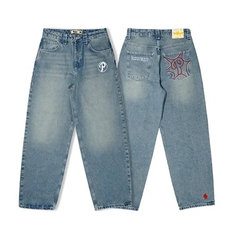 2025 New American Retro Flame Embroidery Baggy Women's Jeans Y2K Harajuku Hip Hop Gothic High Waist Wide Trousers Street Wear