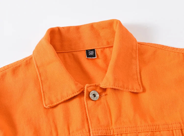 2025 Hot Sale Men's Casual Denim Jacket Korean Style Loose Cotton Handsome Tops Trend Orange Lapel Hip Hop Jean Jacket Plus Size