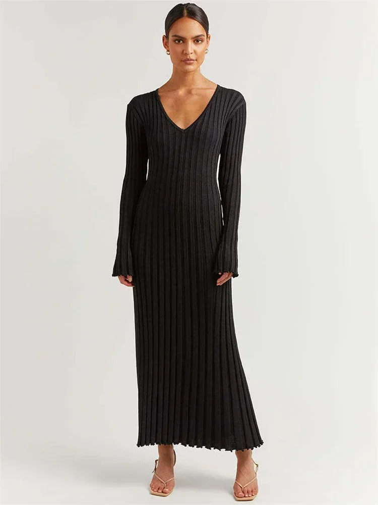 Tossy Autumn New V-Neck Knit Maxi Dress Women Ribbed Elegant Long Sleeve Streetwear High Waist Pleated Dresses Ladies Knitwear