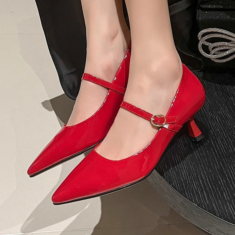 Short Heels Mary Janes Shoes Women Pumps Genuine Leather Point Toe Black Nude Red Heeled Office Wedding Shoes Female Large Size