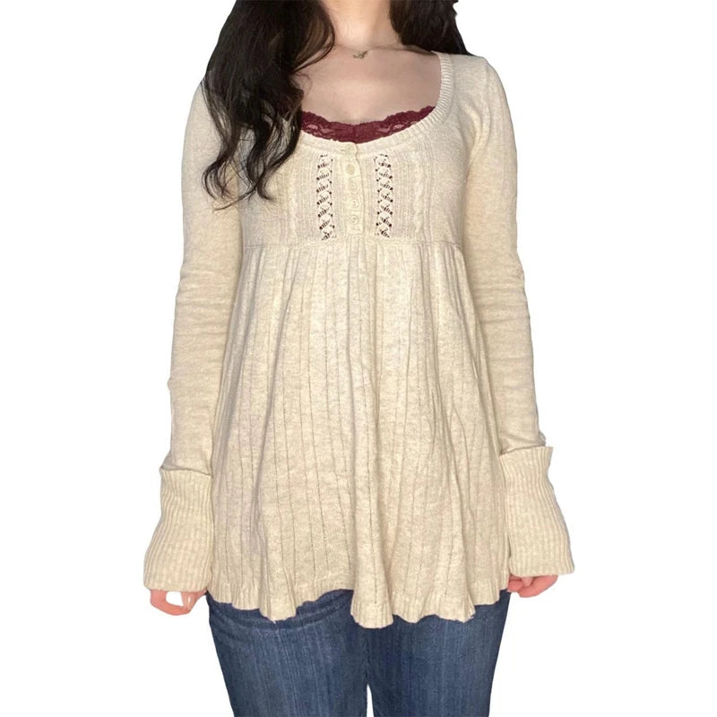Aesthetic Coquette Knit Sweaters Outfit Vintage Babydoll Tops Pullovers Lady Autumn Square Neck Long Sleeve Knitwear Jumpers Y2k